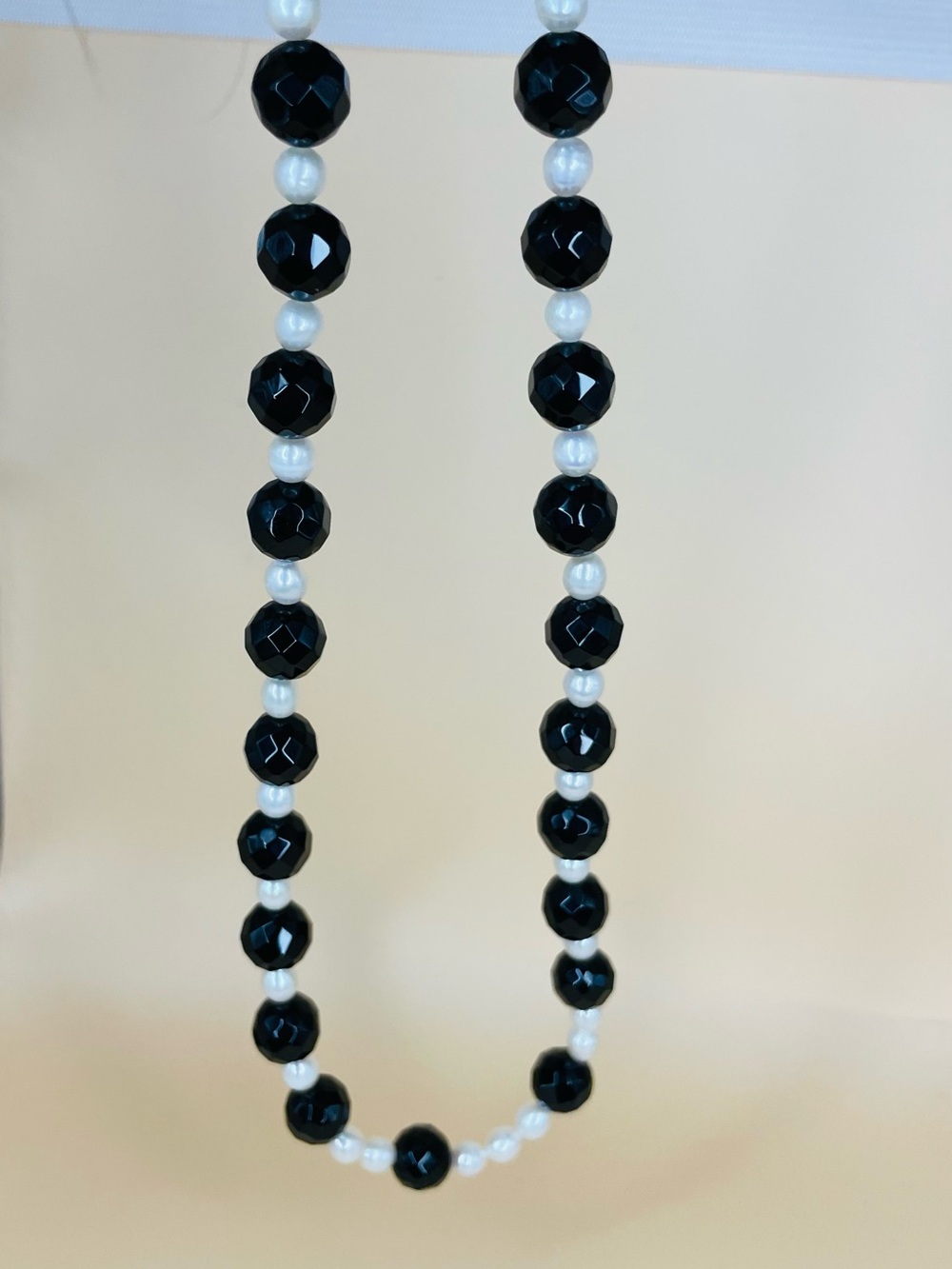 Black Faceted Bead and White Freshwater Pearl Toggle Clasp Necklace 18”